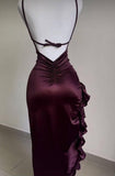 Sheath Halter Satin Burgundy Sleeveless High Low Prom Dresses SD1450