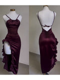 Sheath Halter Satin Burgundy Sleeveless High Low Prom Dresses SD1450