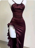 Sheath Halter Satin Burgundy Sleeveless High Low Prom Dresses SD1450