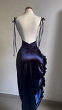 Sheath Halter Satin Navy Blue Sleeveless High Low Prom Dresses SD1451