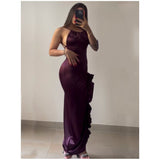 Sheath Halter Satin Burgundy Sleeveless High Low Prom Dresses SD1450