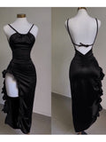 Sheath Halter Satin Black Sleeveless High Low Prom Dresses SD1452