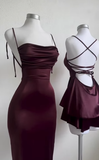 Sheath Spaghetti Straps Burgundy Satin Sleeveless Long Backless Prom Dresses SD1453