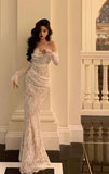 Sheath Off The Shoulder White Long Sleeves Prom Dresses SD1454