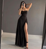 A Line Spaghetti Straps Satin Black Sleeveless Slit Prom Dresses SD1455