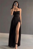 A Line Spaghetti Straps Satin Black Sleeveless Slit Prom Dresses SD1455