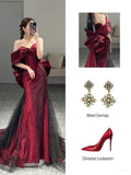 Mermaid Off The Shoulder Burgundy Long Party Dress Sequin Prom Dresses SD1464