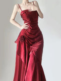 Mermaid Spaghetti Straps Burgundy Party Dress Long Prom Dresses SD1465