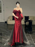 Mermaid Off The Shoulder Burgundy Long Party Dress Satin Prom Dresses SD1467