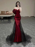 Mermaid Off The Shoulder Burgundy Long Party Dress Satin Prom Dresses SD1467