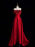 A Line Strapless Satin Red Party Dress Long Prom Dresses SD1468