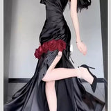 Mermaid One Shoulder Black Satin Party Dress Long Prom Dresses SD1471