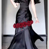 Mermaid One Shoulder Black Satin Party Dress Long Prom Dresses SD1471
