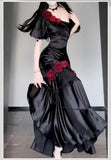 Mermaid One Shoulder Black Satin Party Dress Long Prom Dresses SD1471