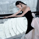 Mermaid Strapless Sequin Black Satin Party Dress Long Prom Dresses SD1476