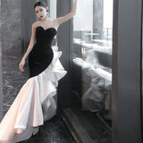 Mermaid Strapless Sequin Black Satin Party Dress Long Prom Dresses SD1476