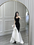 Mermaid Strapless Sequin Black Satin Party Dress Long Prom Dresses SD1476
