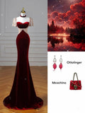 Sheath Square Neckline Burgundy Long Evening Gown Prom Dresses SD1478