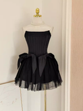A line Strapless Black Travel Vacation Dresses Short Satin Birthday Dress SD147