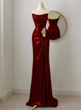 Burgundy Sequins Strapless Pleats Prom Dress SD1488