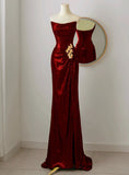 Burgundy Sequins Strapless Pleats Prom Dress SD1488