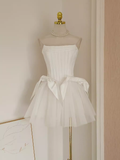 A line Strapless White Travel Vacation Dresses Short Satin Birthday Dress SD148