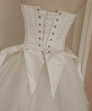 A line Strapless White Travel Vacation Dresses Short Satin Birthday Dress SD148