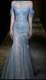 Mermaid Off The Shoulder Blue Tulle Silver Beads Long Prom Dresses Formal Evening Dress SD1498