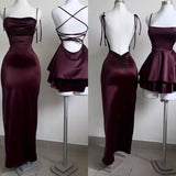 Mermaid Spaghetti Straps Burgundy Long Evening Dress Backless Prom Dresses SD1500
