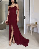 Mermaid Off The Shoulder Burgundy Slit Long Prom Dresses Formal Evening Dress SD1501