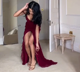 Mermaid Off The Shoulder Burgundy Slit Long Prom Dresses Formal Evening Dress SD1501