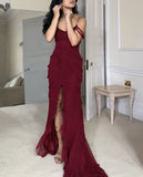 Mermaid Off The Shoulder Burgundy Slit Long Prom Dresses Formal Evening Dress SD1501