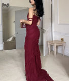 Mermaid Off The Shoulder Burgundy Slit Long Prom Dresses Formal Evening Dress SD1501