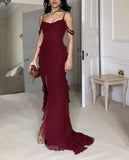 Mermaid Off The Shoulder Burgundy Slit Long Prom Dresses Formal Evening Dress SD1501