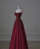 A line Straps Sequin Burgundy Long Party Dress Prom Dresses SD1503