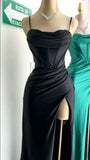 Mermaid Spaghetti Straps Black Long Evening Dress Backless Prom Dresses SD1606