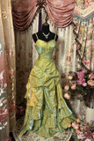 Ball Gown Straps Satin Sage Green Long Party Dress Prom Dresses SD1506