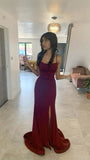 Mermaid Spaghetti Straps Burgundy Long Evening Dress Satin Prom Dresses SD1507