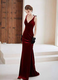 Mermaid Straps Burgundy Long Evening Dress Velvet Prom Dresses SD1508