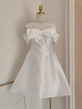 A line Straps White Travel Vacation Dresses Short Satin Birthday Dress SD150