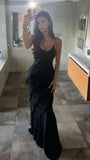 Mermaid Straps Chiffon Black Backless Prom Dresses SD1510