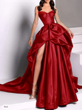 Ball Gown Strapless Burgundy Long Slit Party Dress Prom Dresses SD1513