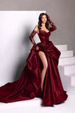 Ball Gown Strapless Burgundy Long Slit Party Dress Prom Dresses SD1513