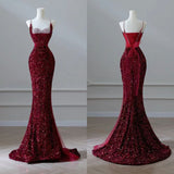 Mermaid Spaghetti Straps Sequin Burgundy Long Prom Dresses SD1515