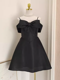 A line Straps Black Travel Vacation Dresses Short Satin Birthday Dress SD151