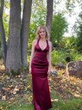 Sheath Halter V Neckline Burgundy Satin Slit Party Dress Long Prom Dresses SD1520