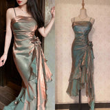Mermaid Spaghetti Straps Satin Long Party Dress Prom Dresses SD1523