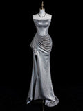Mermaid Strapless Sequin Night Party Dress Slit Long Prom Dresses SD1525