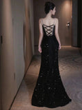 Mermaid Spaghetti Straps Sequin Black Long Prom Dresses SD1526