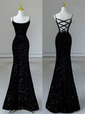 Mermaid Spaghetti Straps Sequin Black Long Prom Dresses SD1526